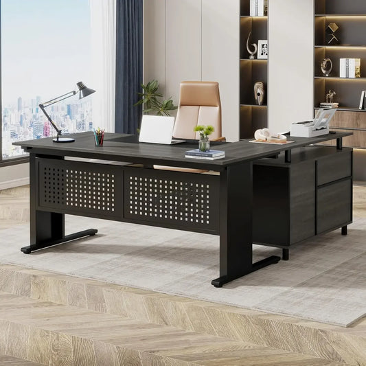 L Shaped Executive Desk with File Cabinet and Storage for Home Office