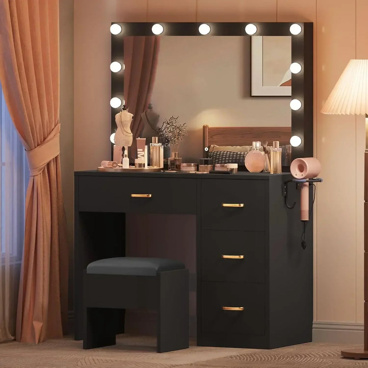 Makeup Vanity Table Set with Large Mirror and Cushioned Stool for Women