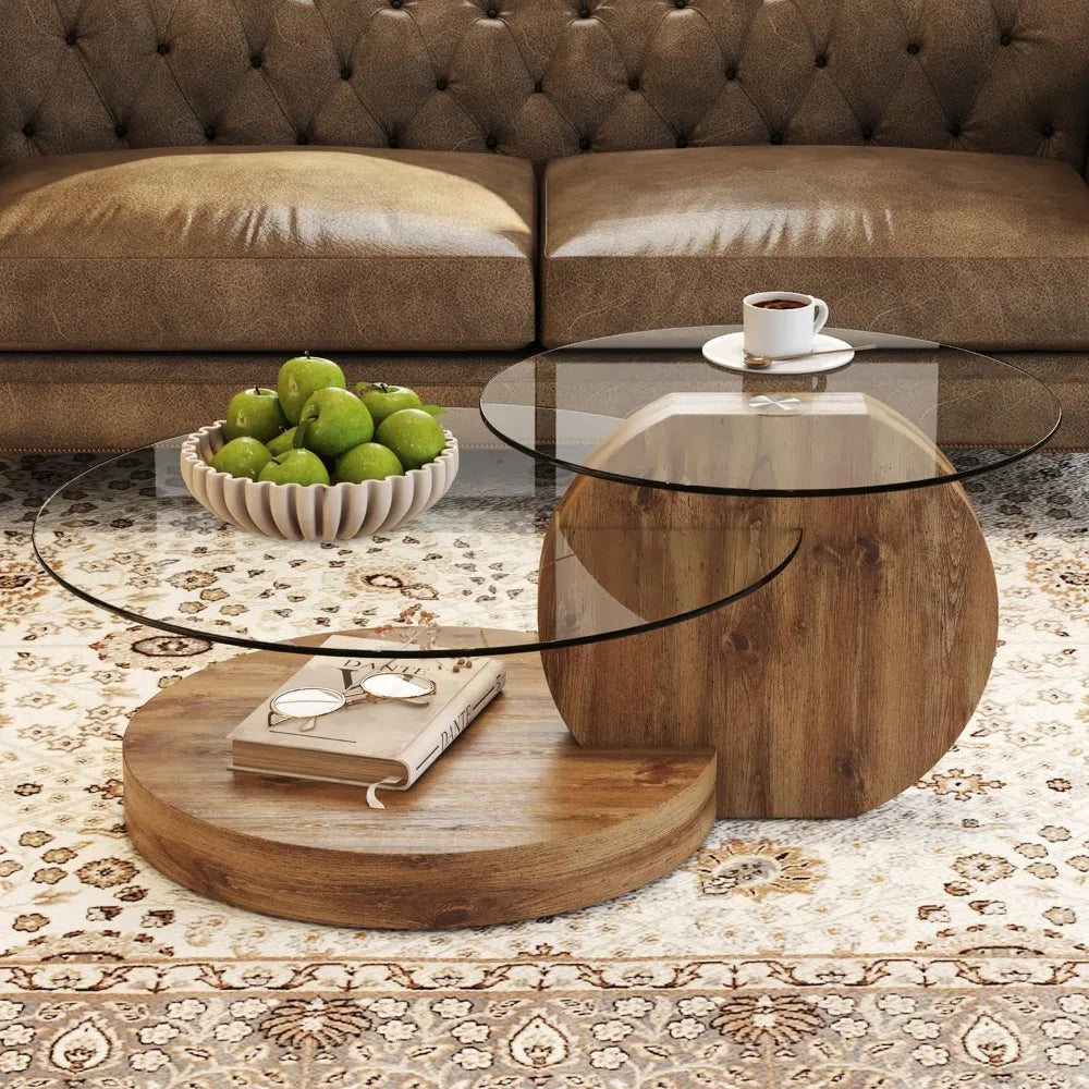 Modern 42 Inch Round Glass Coffee Table 3-Tier Wood Shelves Living Room