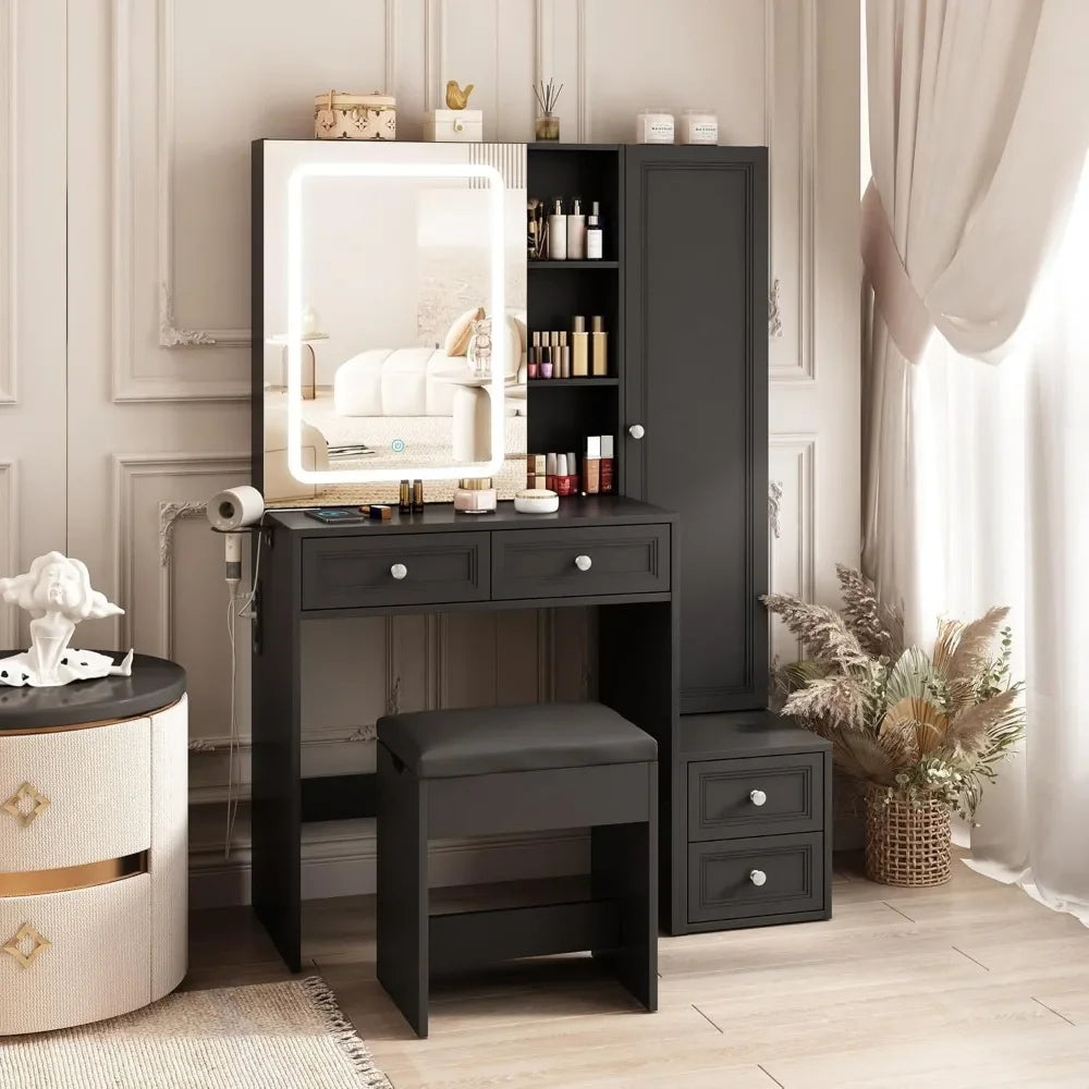 Makeup Vanity Desk with LED Light Sliding Mirror Jewelry Cabinet Storage