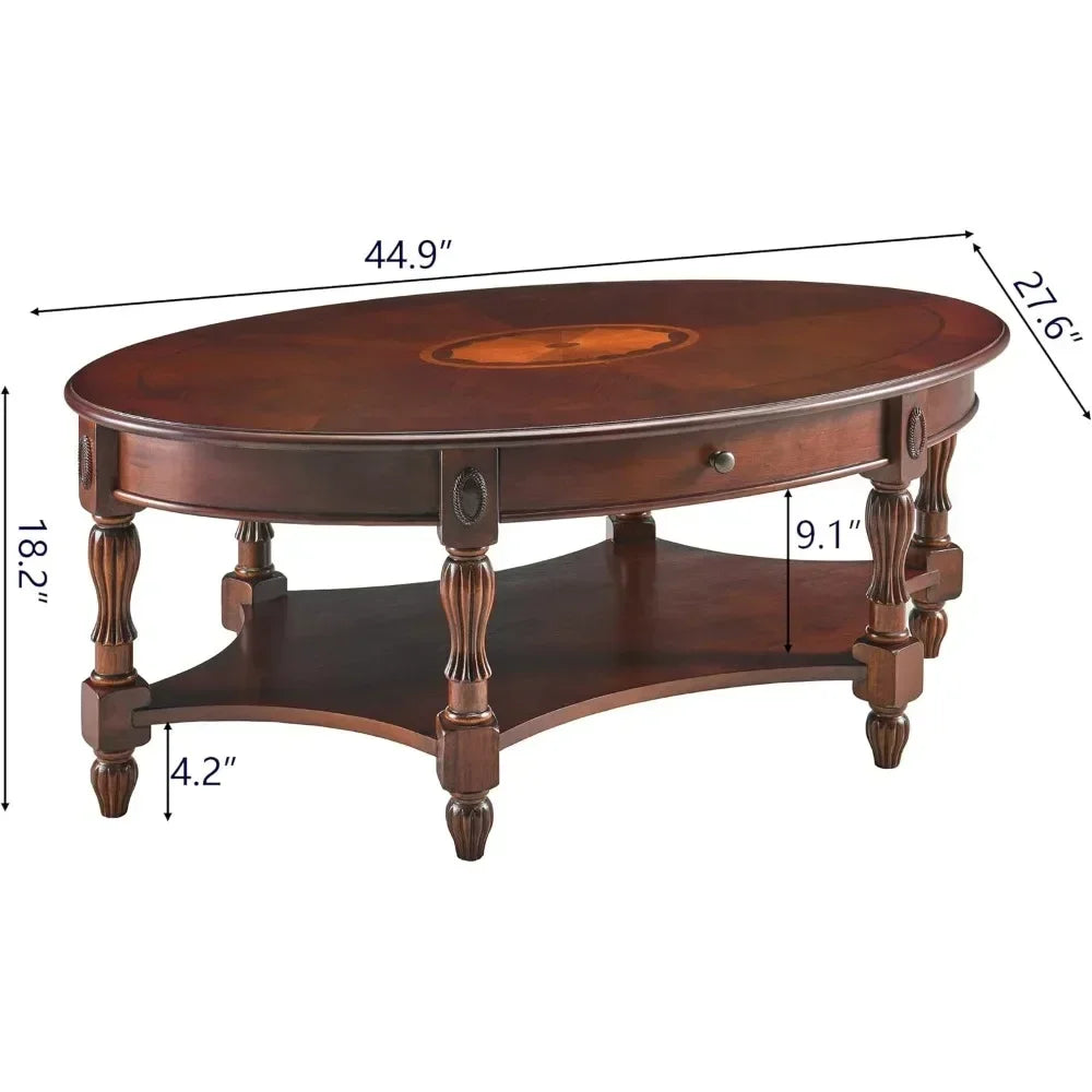 Solid Wood Oval Coffee Table with Storage Drawer Vintage Style