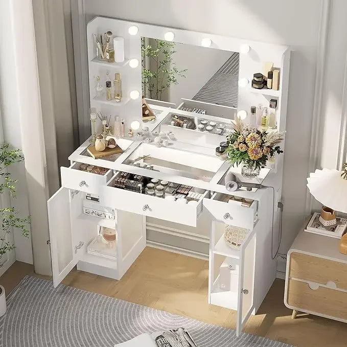 Makeup Vanity Desk with Mirror and Lights Storage Cabinet for Bedroom