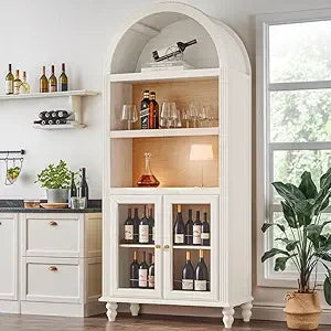 72 Inch Arched Bar Cabinet with Power Outlet Adjustable Shelves Wine Storage