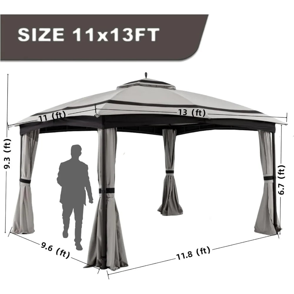 11x13ft Patio Gazebo with Curtains Sandbags Double Tier Roof Canopy