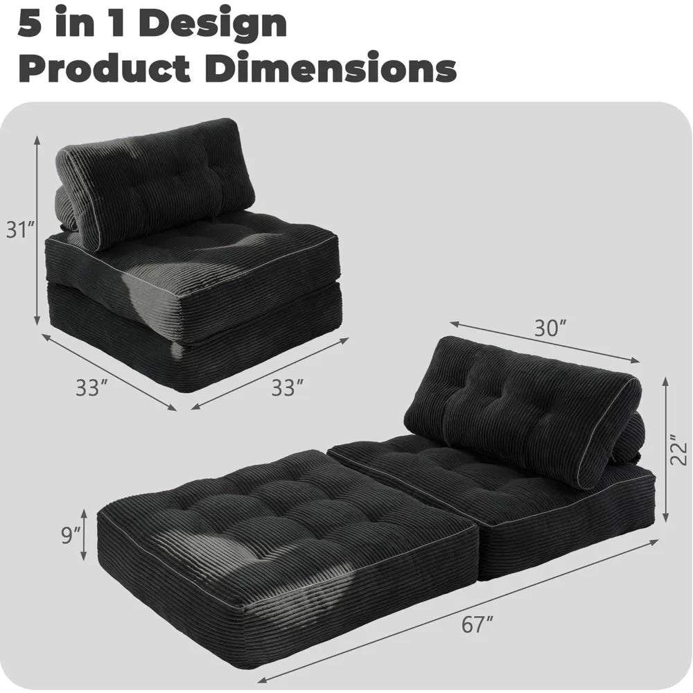5-in-1 Convertible Corduroy Sleeper Chair Bed, Folding Sofa Couch with Pillow – Black