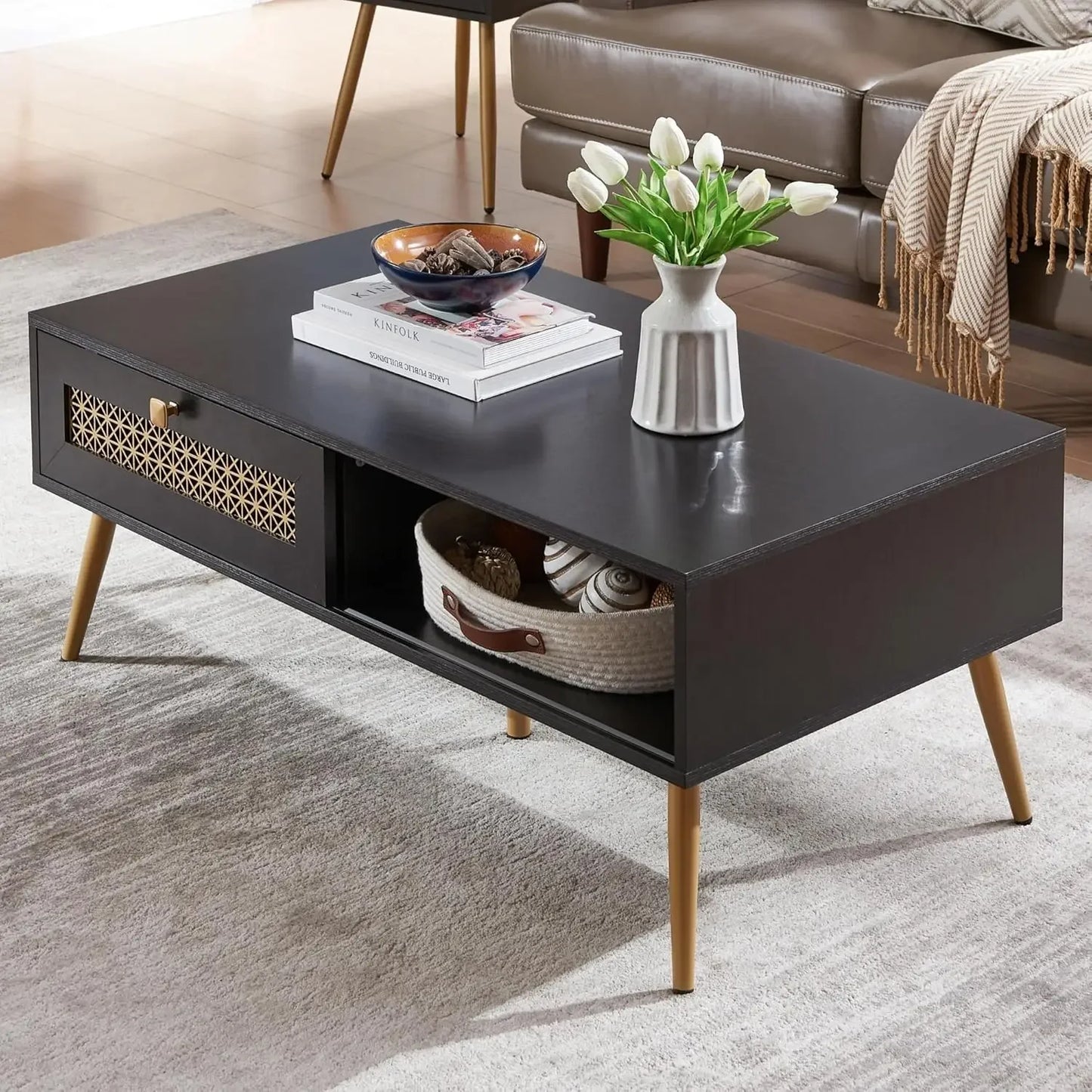 Wooden Mid Century Modern Coffee Table with Sliding Door for Living Room