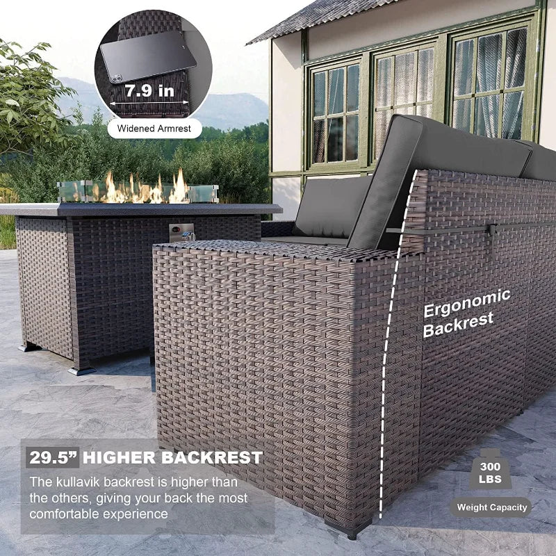 Kullavik 10 Pieces Outdoor Patio Furniture Set Rattan Sofa Fire Pit
