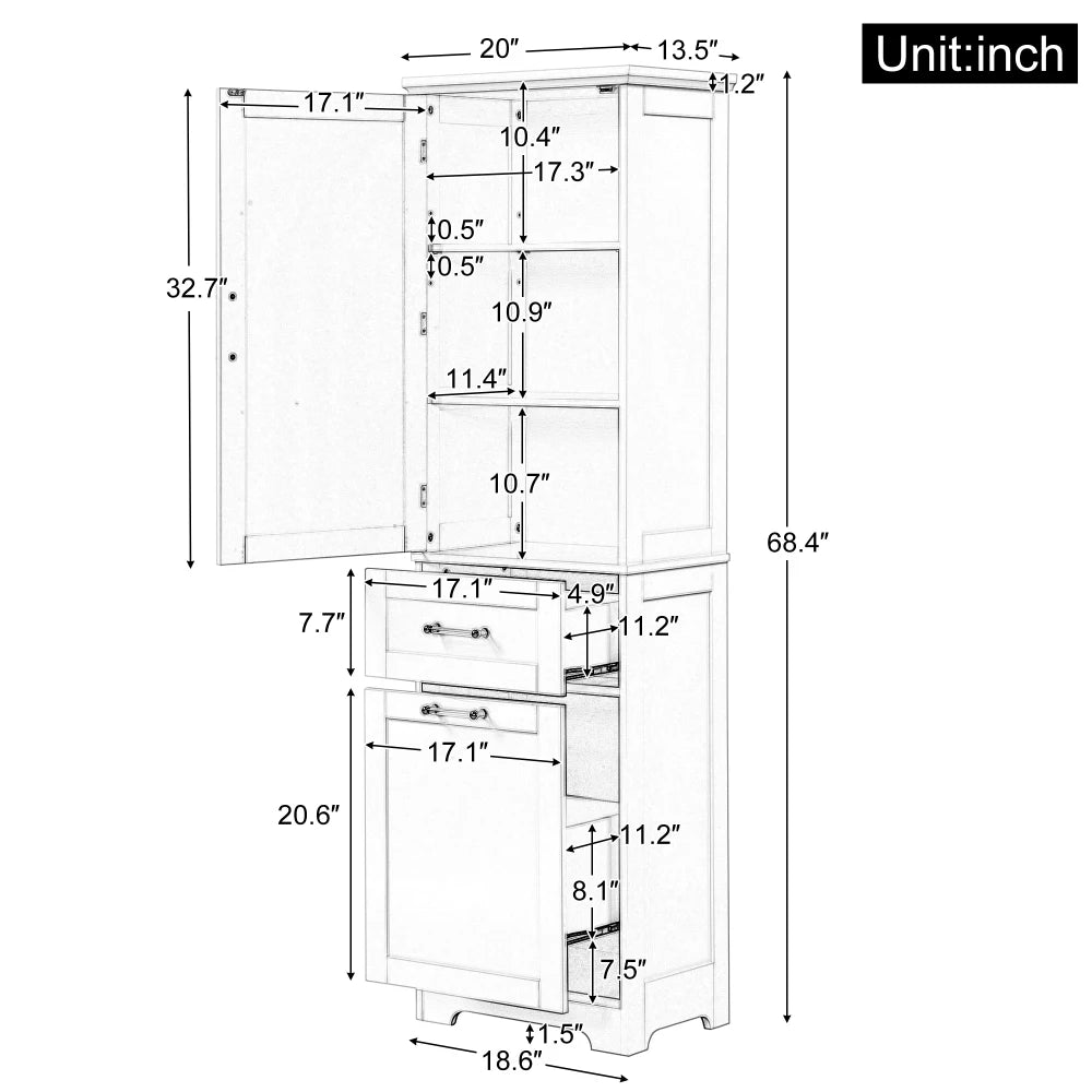 Tall Bathroom Storage Cabinet Freestanding with Adjustable Shelf and Drawers