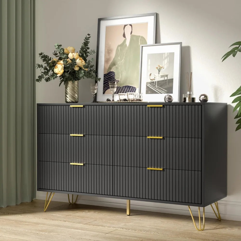 Modern 6 Drawer Dresser with Gold Handles for Bedroom and Living Room