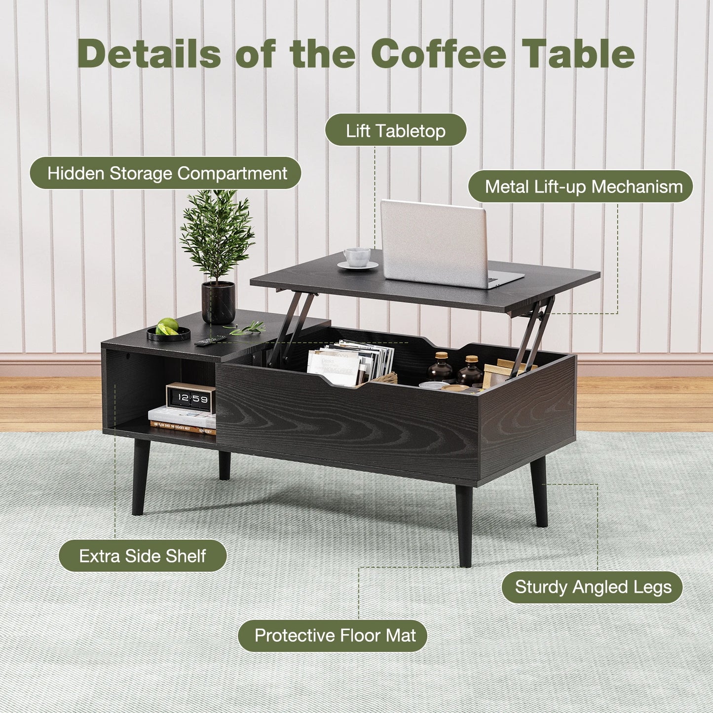Ljustra Lift Top Coffee Table Modern Adjustable Storage Living Room 39.37"x19.7"
