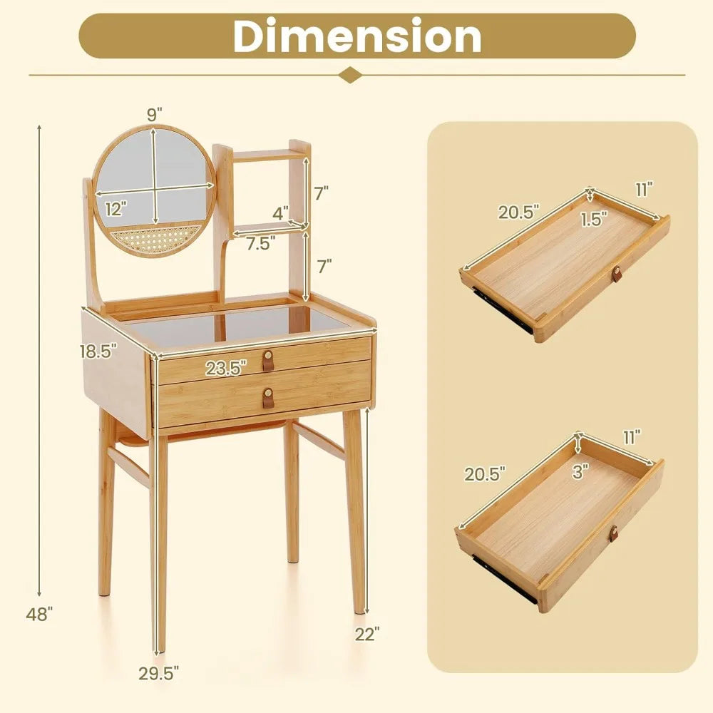 Small Bamboo Vanity Desk with Mirror Storage Drawers and Glass Top