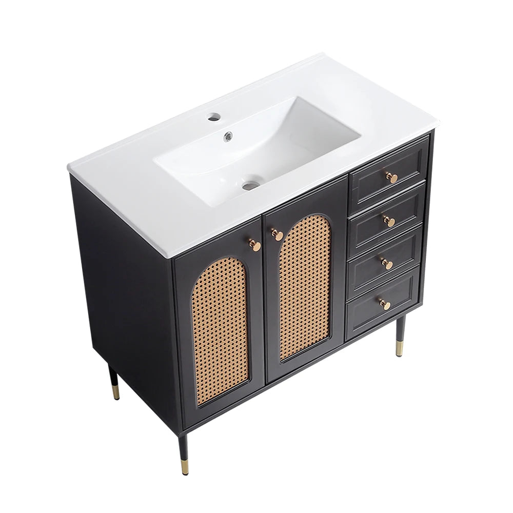 36 Inch Bathroom Vanity with Ceramic Basin Rattan Storage Cabinet