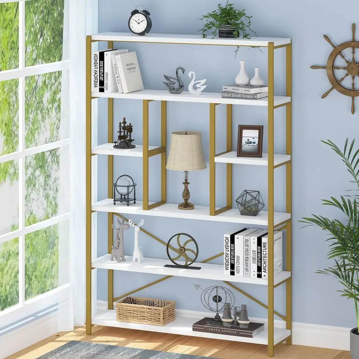Tall Industrial Etagere Bookcase Modern Open 6 Tier Bookshelf Organizer