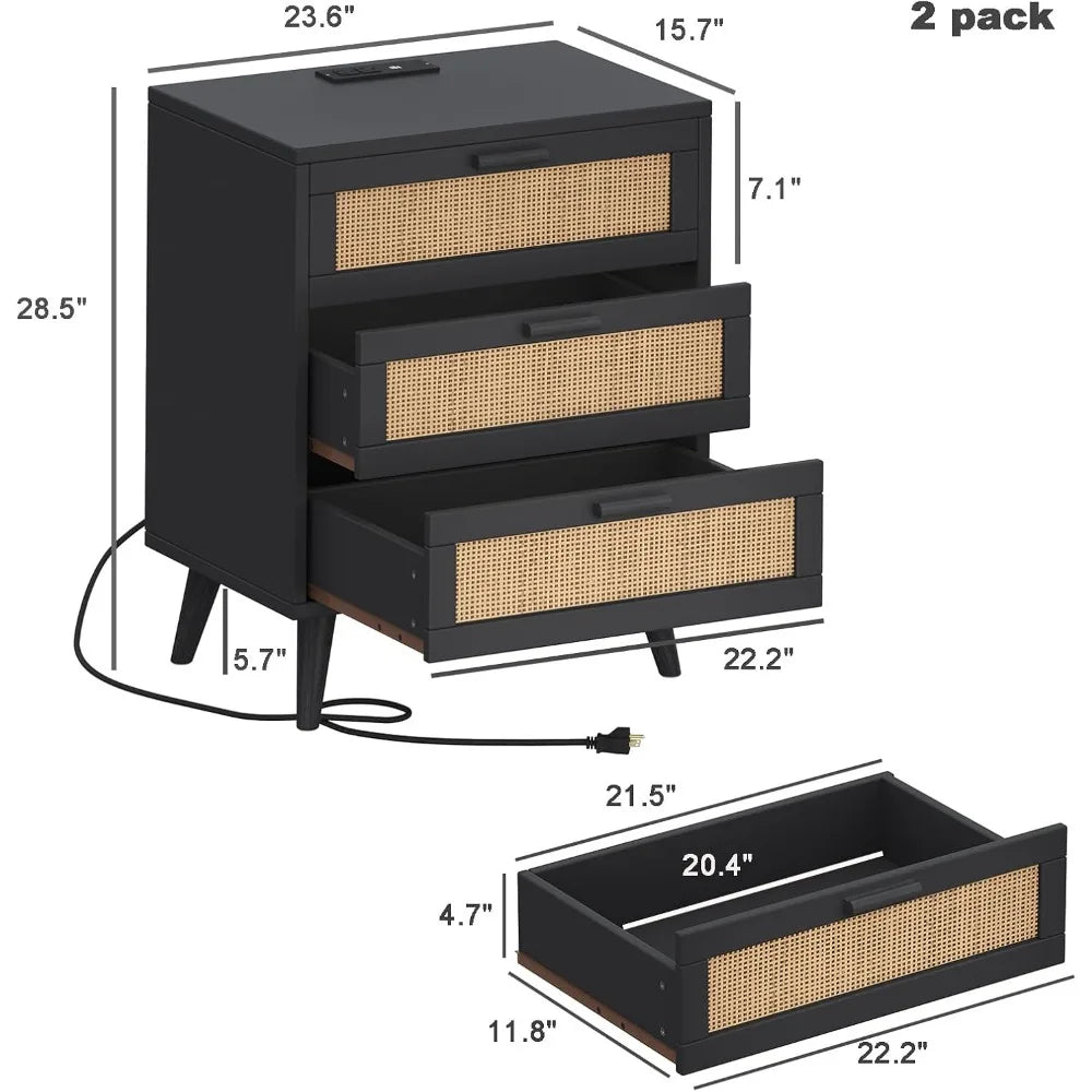 Set of 2 Rattan Nightstands with Charging Station and 6 Drawers