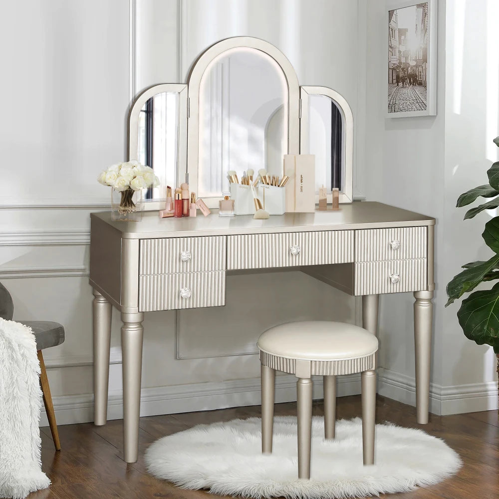 Luxury Mirrored Vanity Desk Set with Stool and Drawer Storage for Bedroom