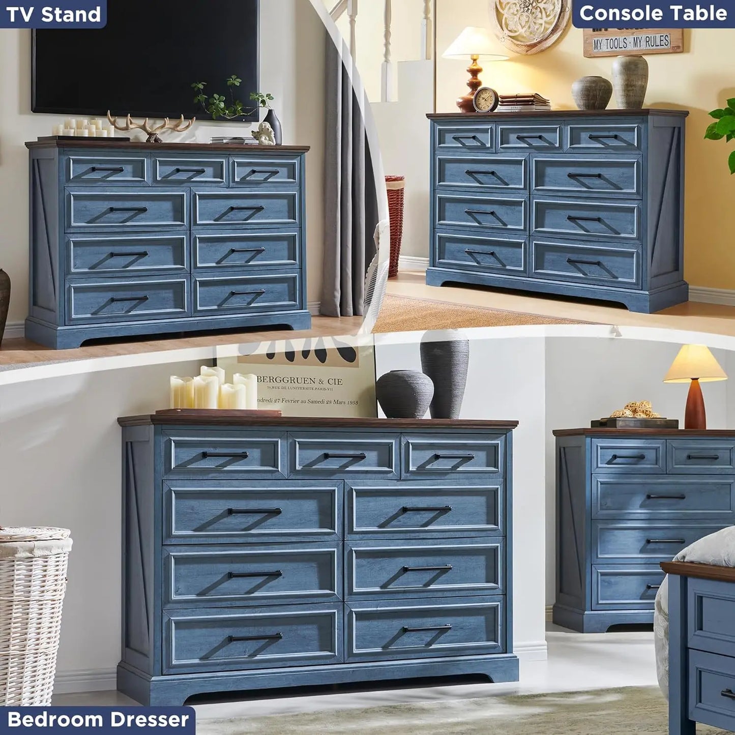 **** Farmhouse 9 Drawer Dresser Tall Modern Bedroom Storage Furniture