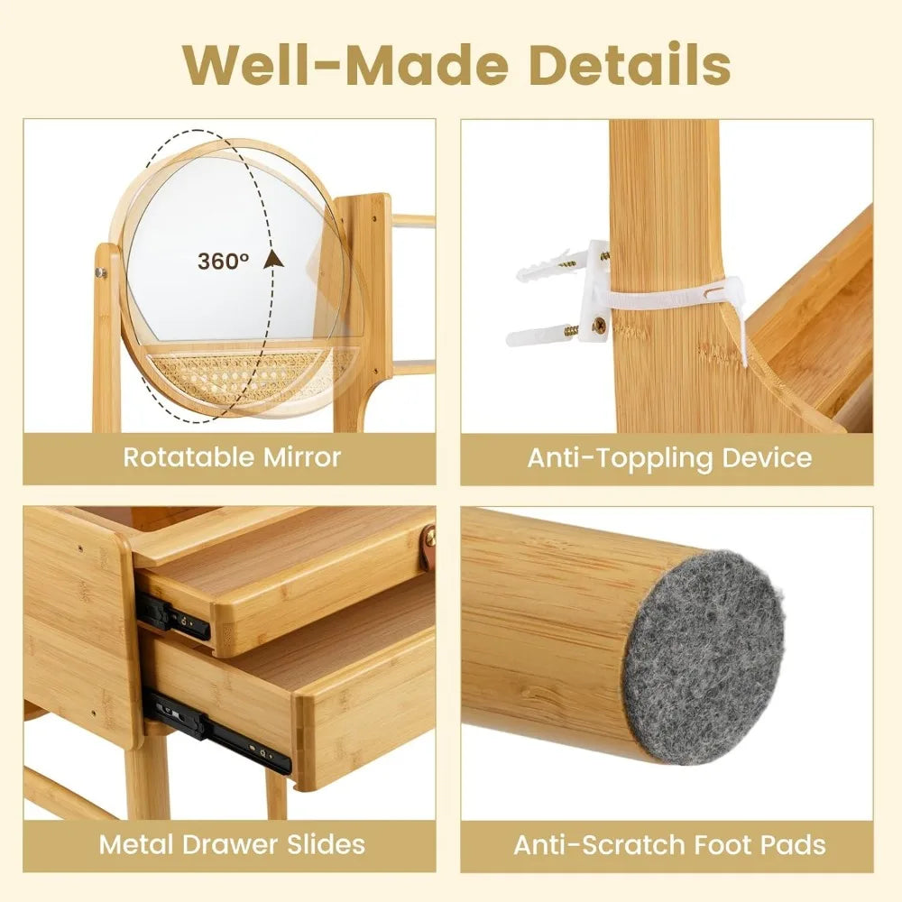 Small Bamboo Vanity Desk with Mirror Glass Top Storage Shelves