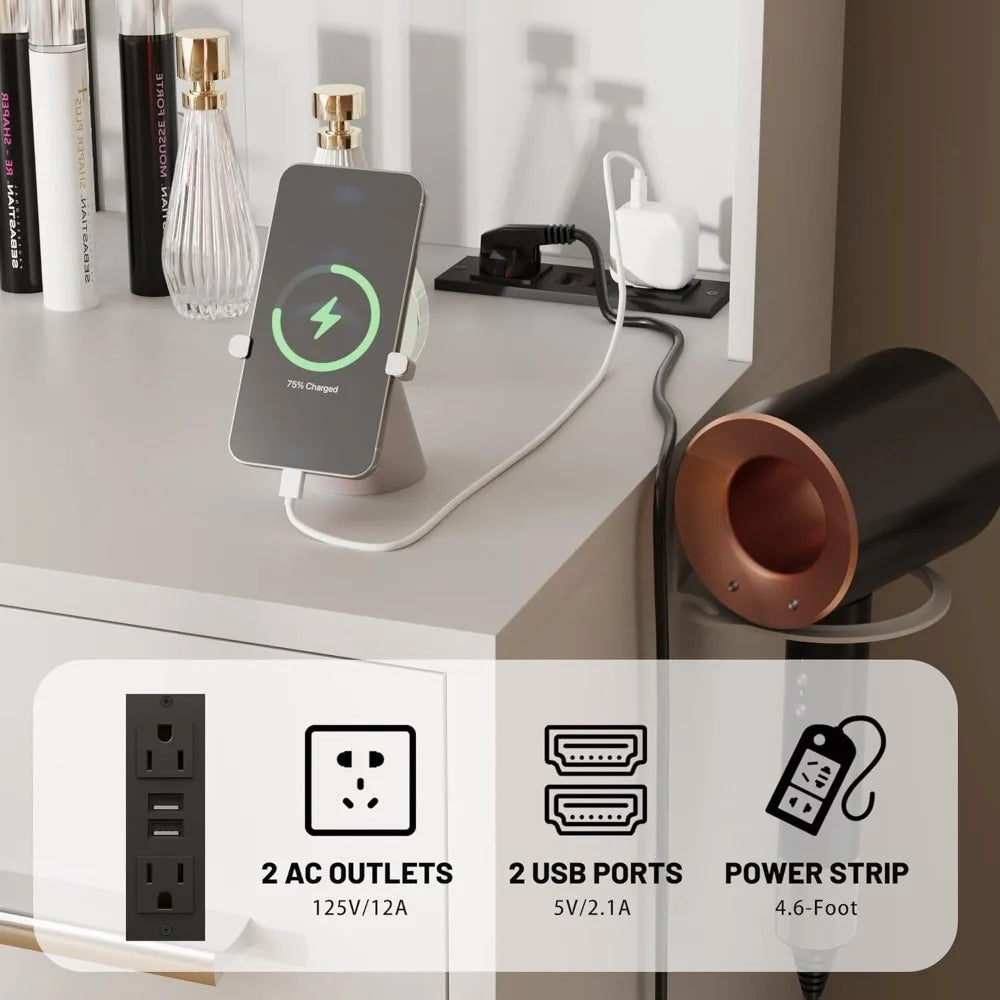 Ljustra LED Vanity Desk with Mirror 7 Drawers Makeup Table Power Outlet