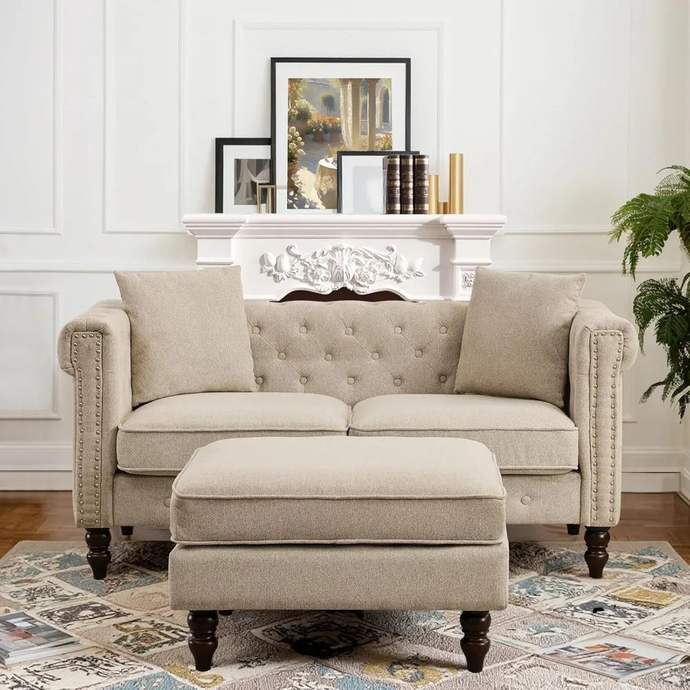 Classic Chesterfield Tufted Linen Loveseat Sofa with Gourd Legs