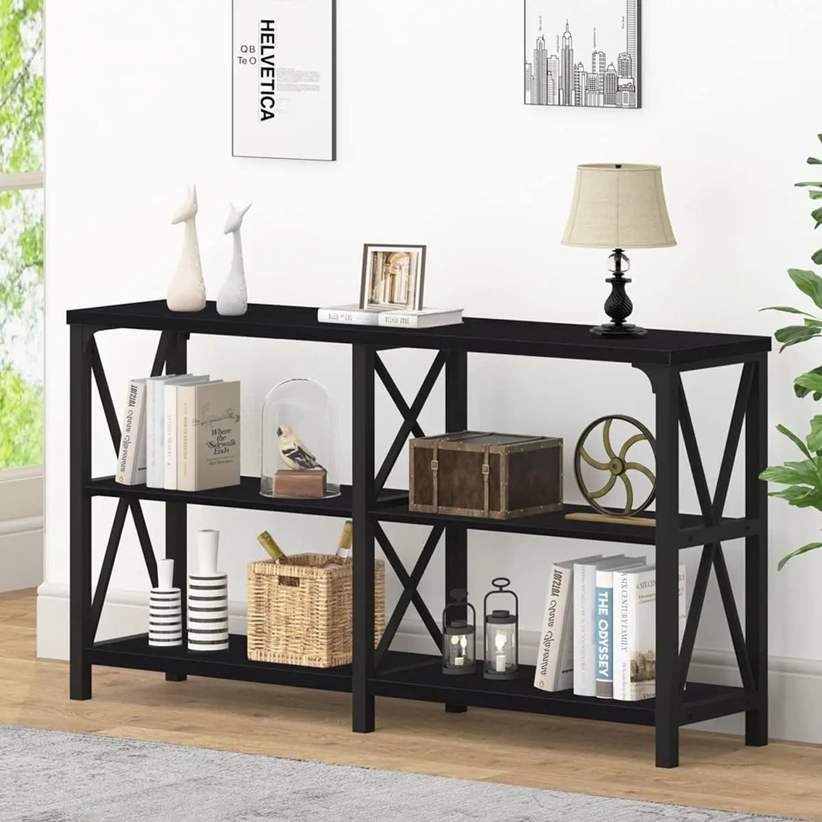 Long Entryway Console Table Industrial Wood Metal 3 Tier Storage Shelf