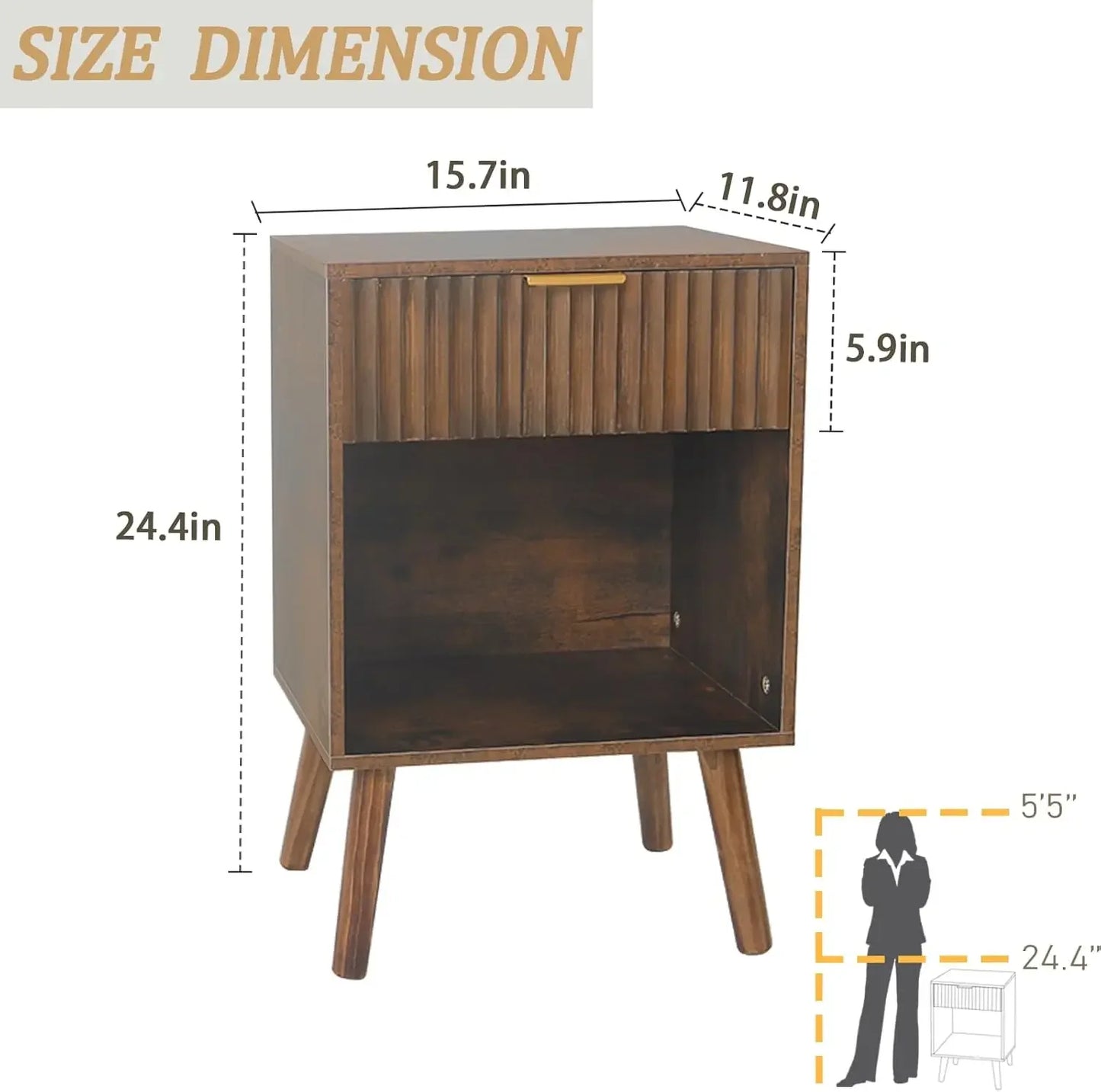 Modern Nightstand Wooden Bedside Table Storage Fluted End Table