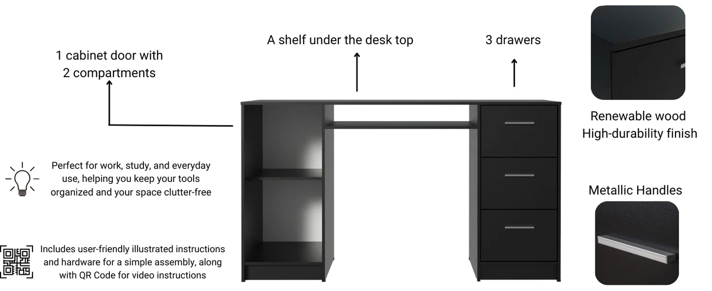 Computer Desk with Drawers and Storage Shelf Modern Home Office Workstation