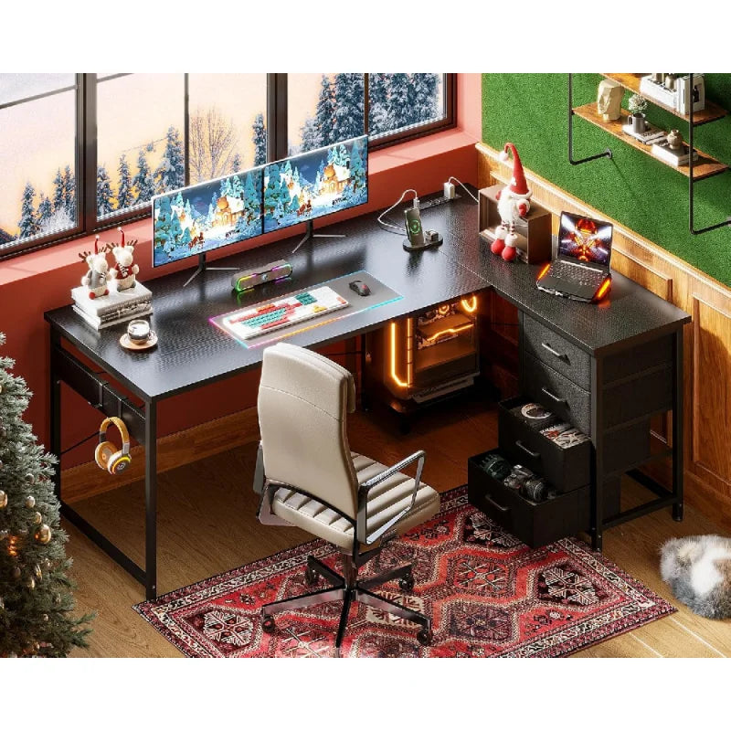 L Shaped Gaming Desk with Power Outlets and 4 Drawers for Home Office