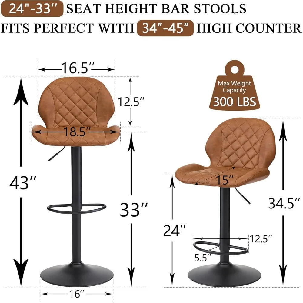 Set of 3 Adjustable Brown Swivel Bar Stools with Back for Home Bar