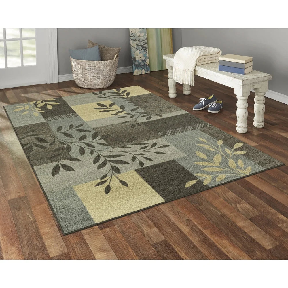 Leaf Block Gray Print Non-Slip Area Rug Stain Resistant Durable Modern