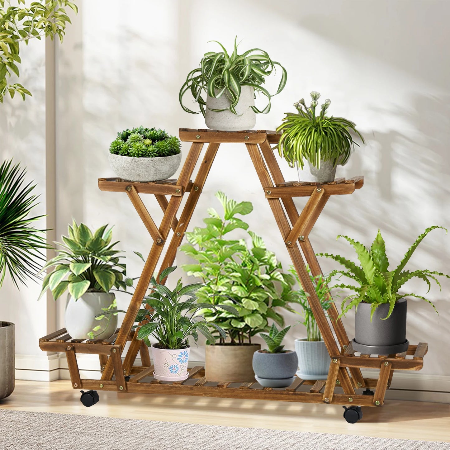 Triangular Plant Shelf with Wheels 6-Tier Carbonized Wood Display Rack