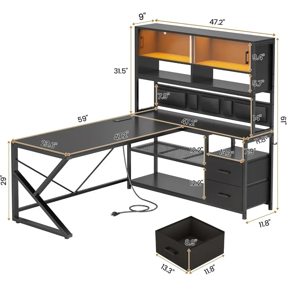 L Shaped Gaming Desk with LED Light and Storage for Home Office