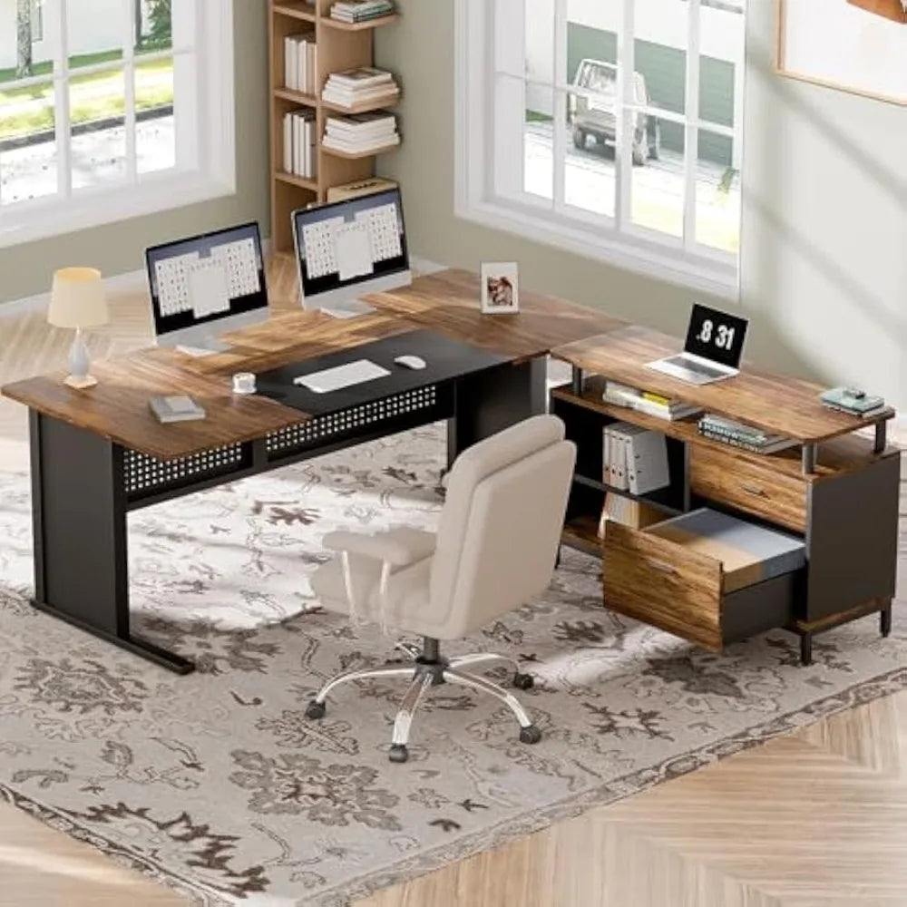 L-Shaped Executive Office Desk with File Drawer and Storage Shelves