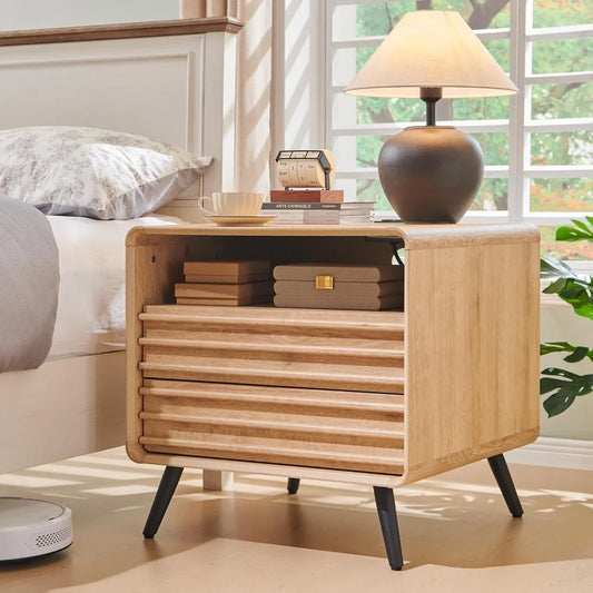 24 Inch Nightstand with Charger Station Mid Century Modern End Table