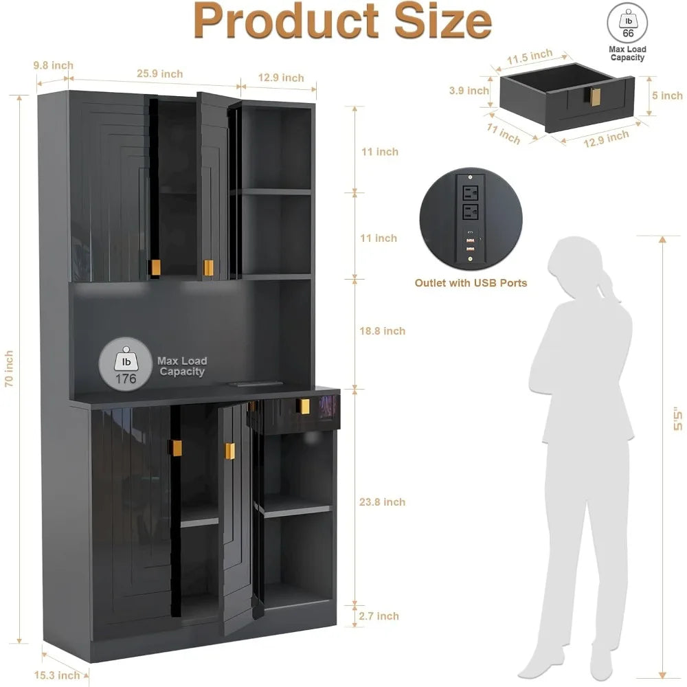 Kitchen Pantry Cabinet with Countertop Power Outlet Adjustable Shelves