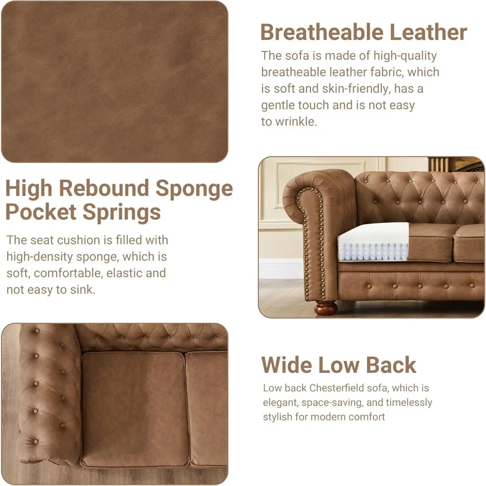 Ljustra Chesterfield Leather Sofa Mid Century Modern Couch 89 Inch