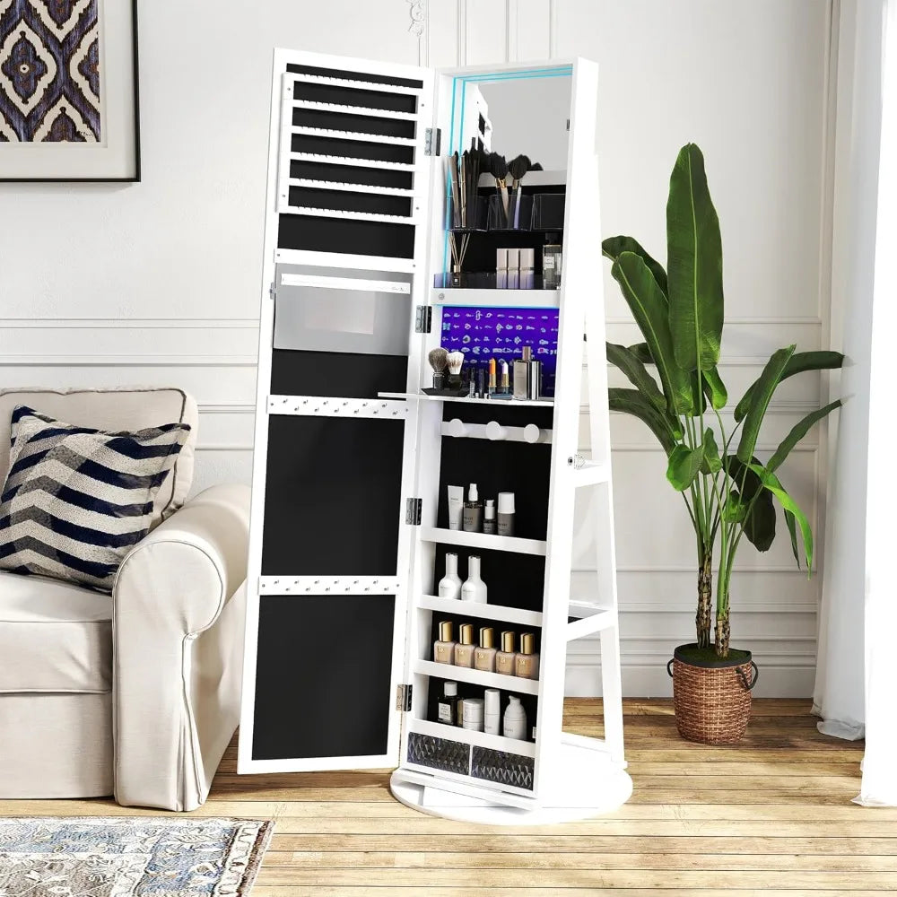 360 Degree Swivel Jewelry Armoire Lockable Cabinet with LED Light