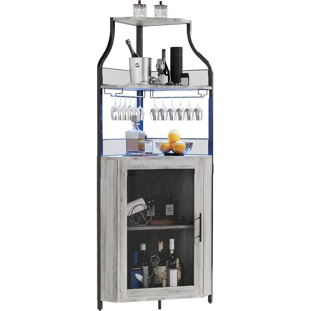 5-Tier Corner Liquor Cabinet LED Wine Bar with Removable Rack Glass Holder