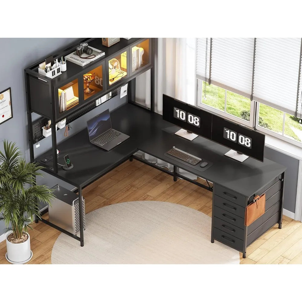 L Shaped Computer Desk with Hutch Storage Shelves LED Lights Power Outlet