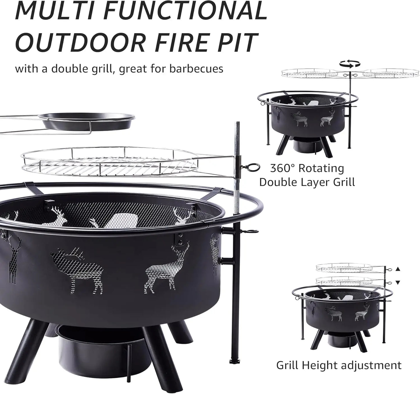 32 Inch Large Fire Pit with Grills Outdoor Wood Burning Cooking Grate