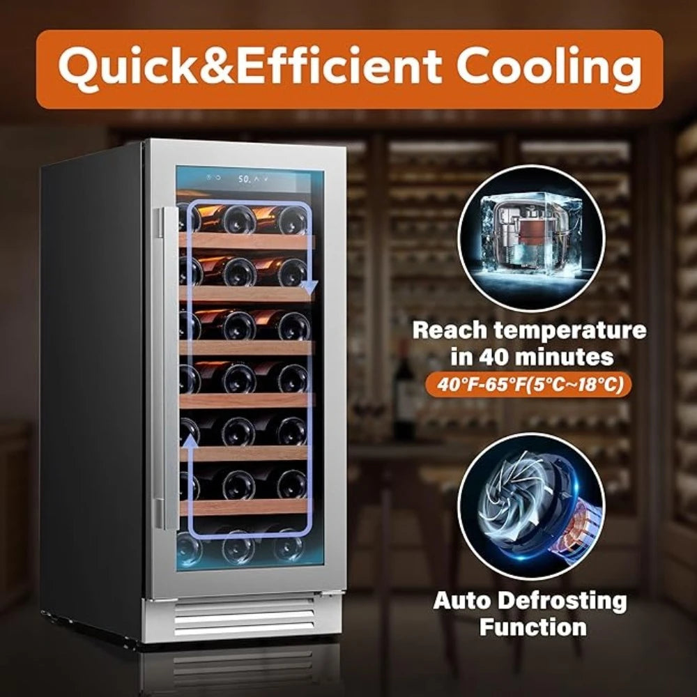 15 Inch Built-in Wine Fridge 33 Bottle Cooler Glass Door LED Lights