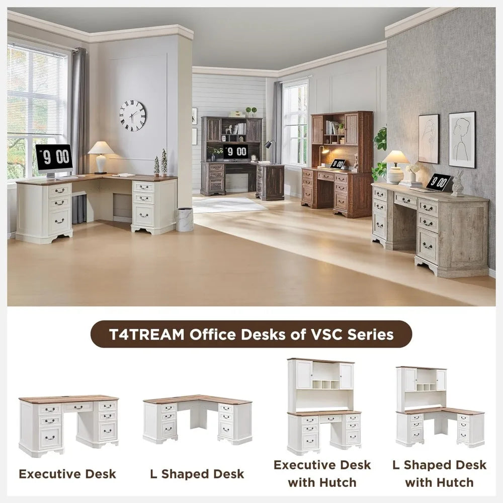 Farmhouse Executive Desk with Hutch Keyboard Tray Charging Station 59"