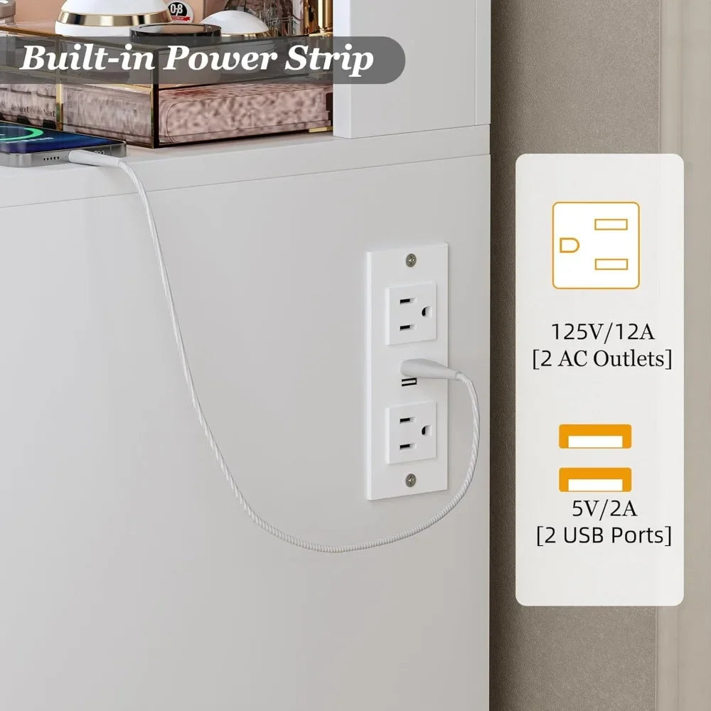 46 Inch Vanity Desk with Large Mirror Lights and 9 Drawers