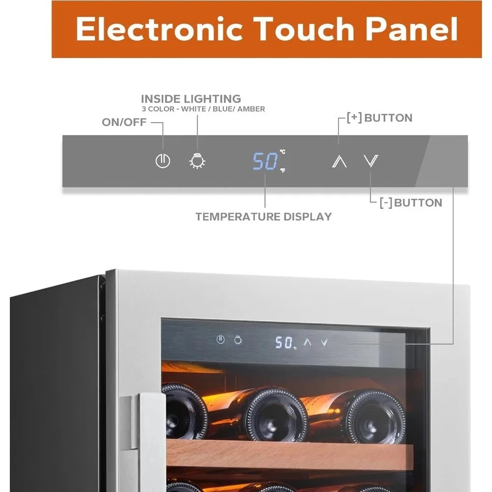 15 Inch Built-in Wine Fridge 33 Bottle Cooler Glass Door LED Lights