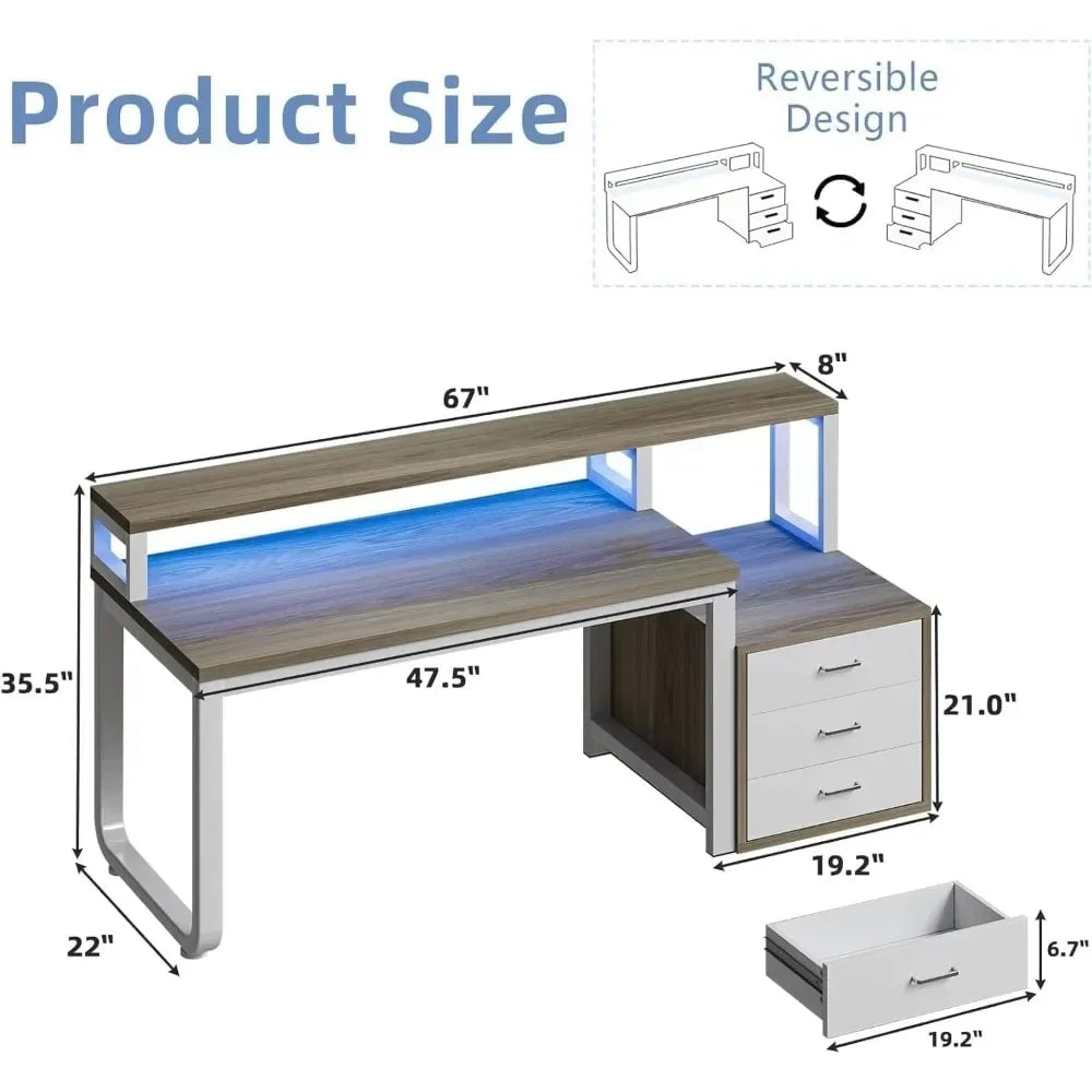 67 Inch Computer Desk with LED Lights and Drawer for Home Office