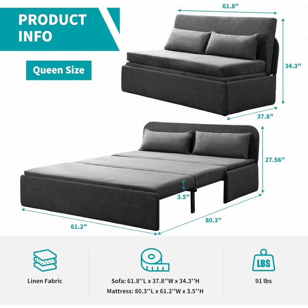 Queen Size Convertible Sofa Bed Couch with Pullout Beds and Pillows