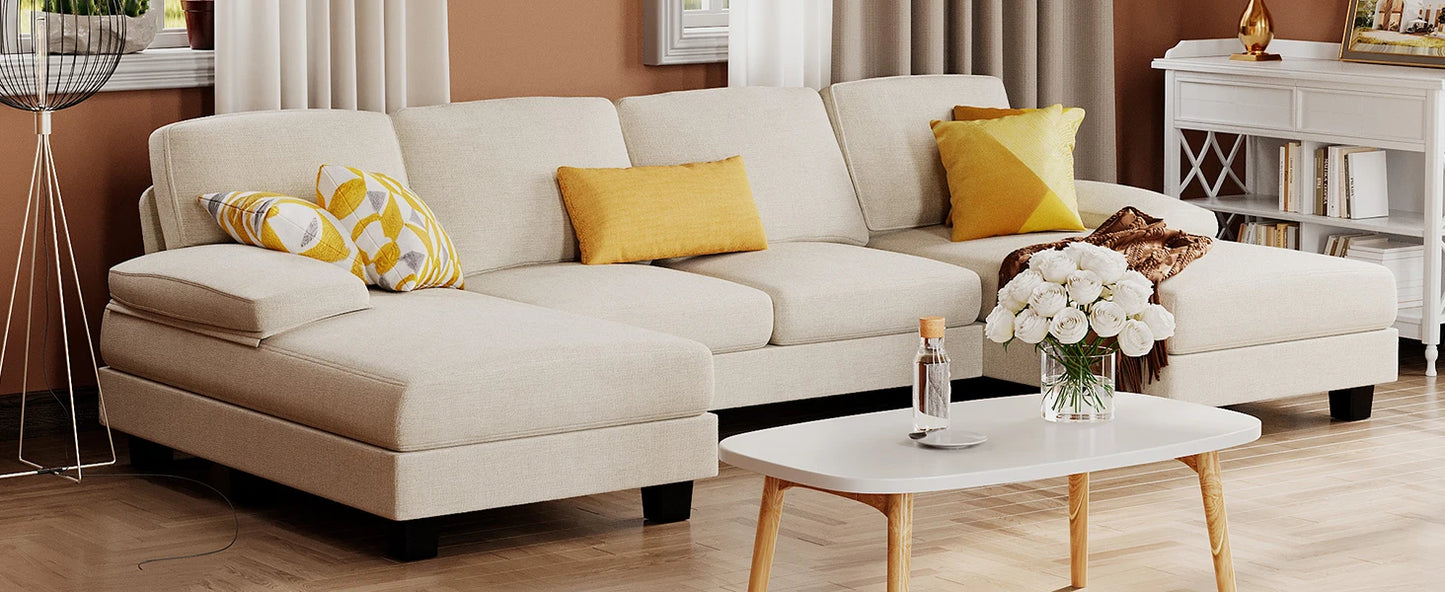 Ljustra Sectional Couch U-Shaped Sofa Linen Fabric 4 Seat Living Room