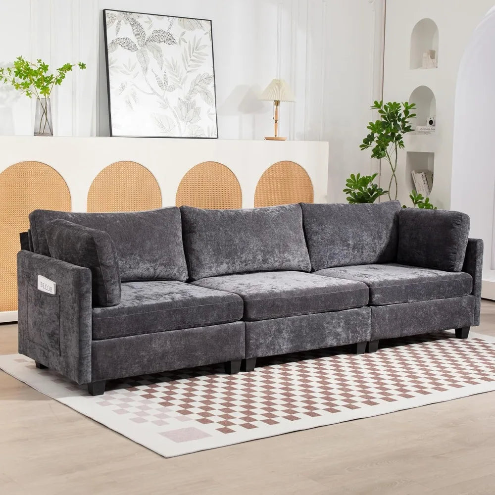 Modern Chenille 3-Seater Sofa w/ Storage, Deep Cushions, 111" Couch, Grey