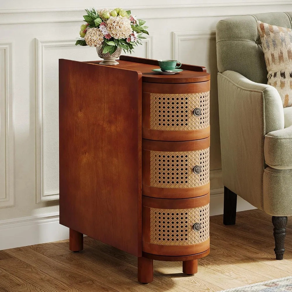 Solid Wood Rattan 3-Drawer End Table Nightstand for Living Room