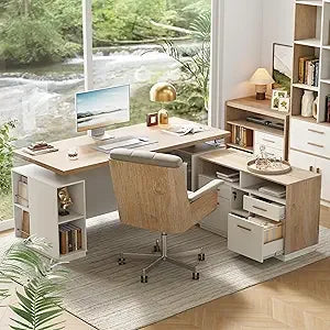 L Shaped Height Adjustable Standing Desk with File Cabinets and USB AC