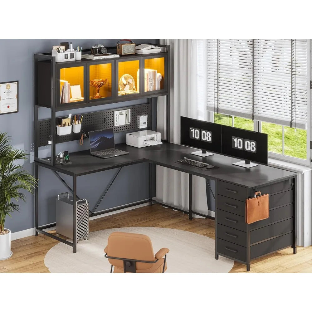 L Shaped Computer Desk with Hutch Storage Shelves LED Lights Power Outlet